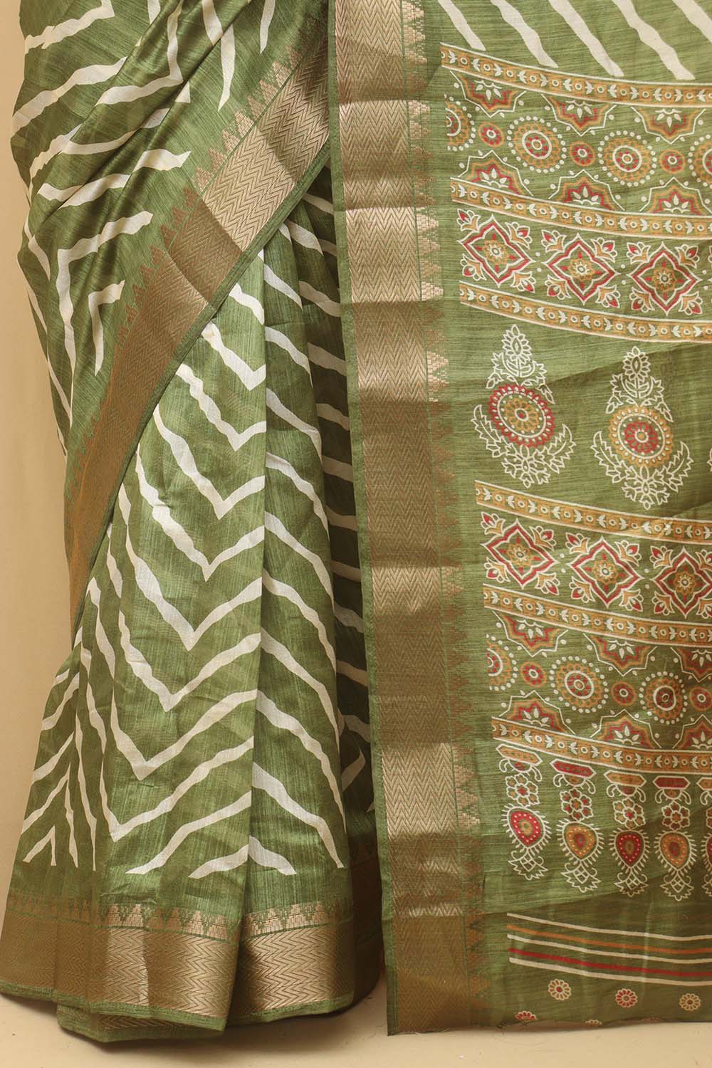 Green Leheriya Print Tussar Cotton Silk Saree