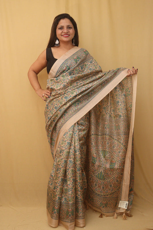 Pastel Madhubani Print Semi Tussar Silk Saree - divyaindia 