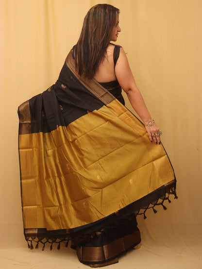 Golden And Black Paithani Cotton Silk Saree - divyaindia 