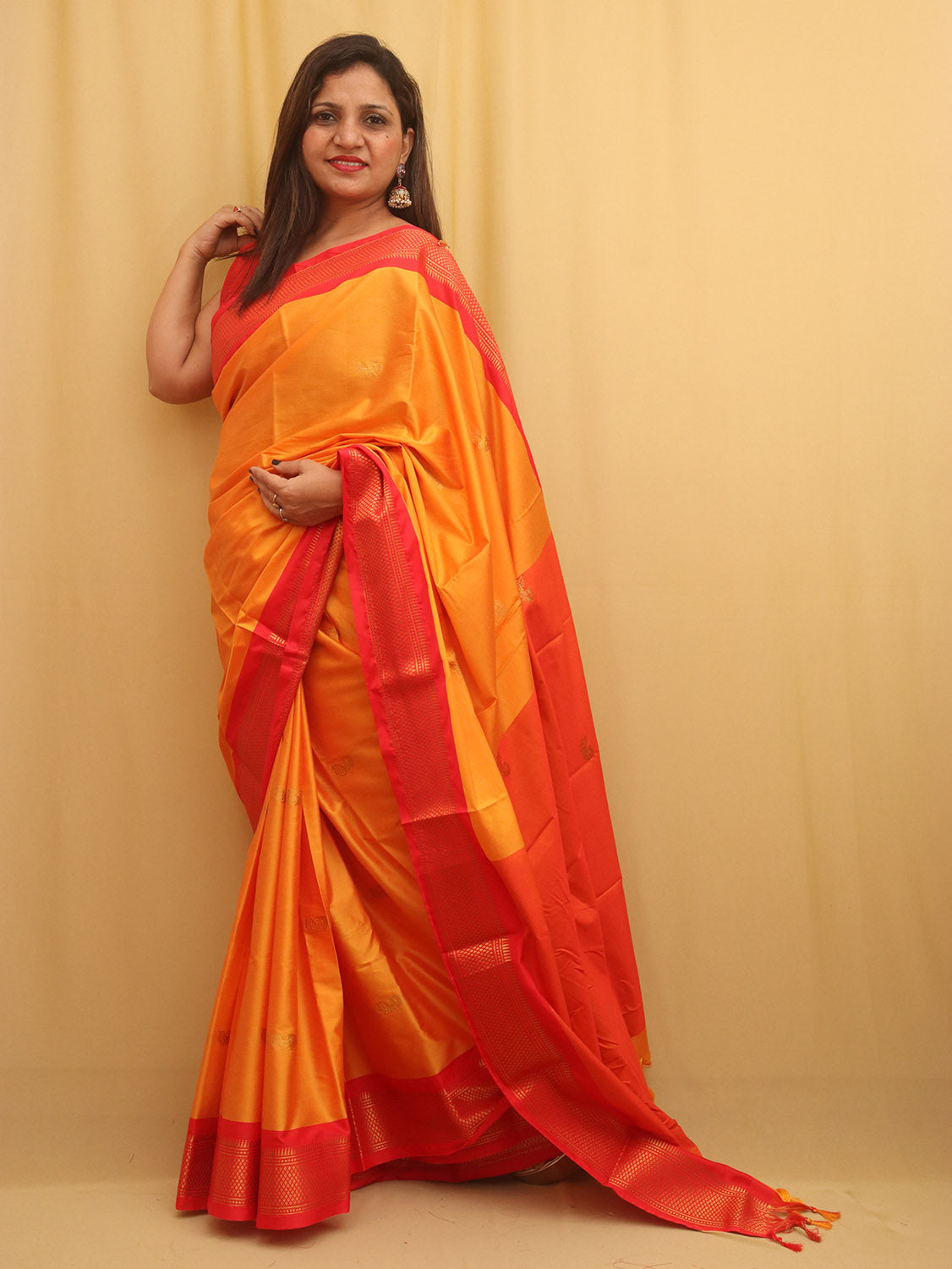 Orange And Red Paithani Cotton Silk Saree - divyaindia 