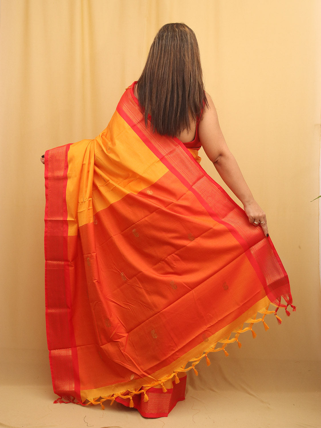 Orange And Red Paithani Cotton Silk Saree - divyaindia 