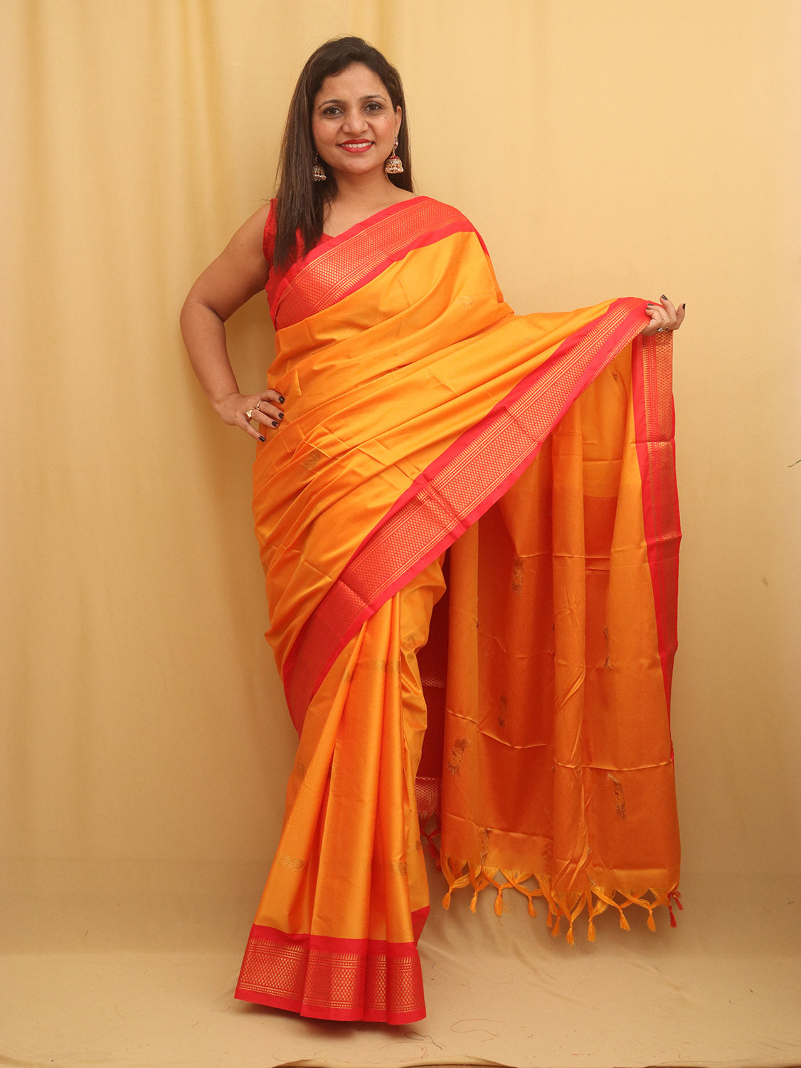 Orange And Red Paithani Cotton Silk Saree - divyaindia 