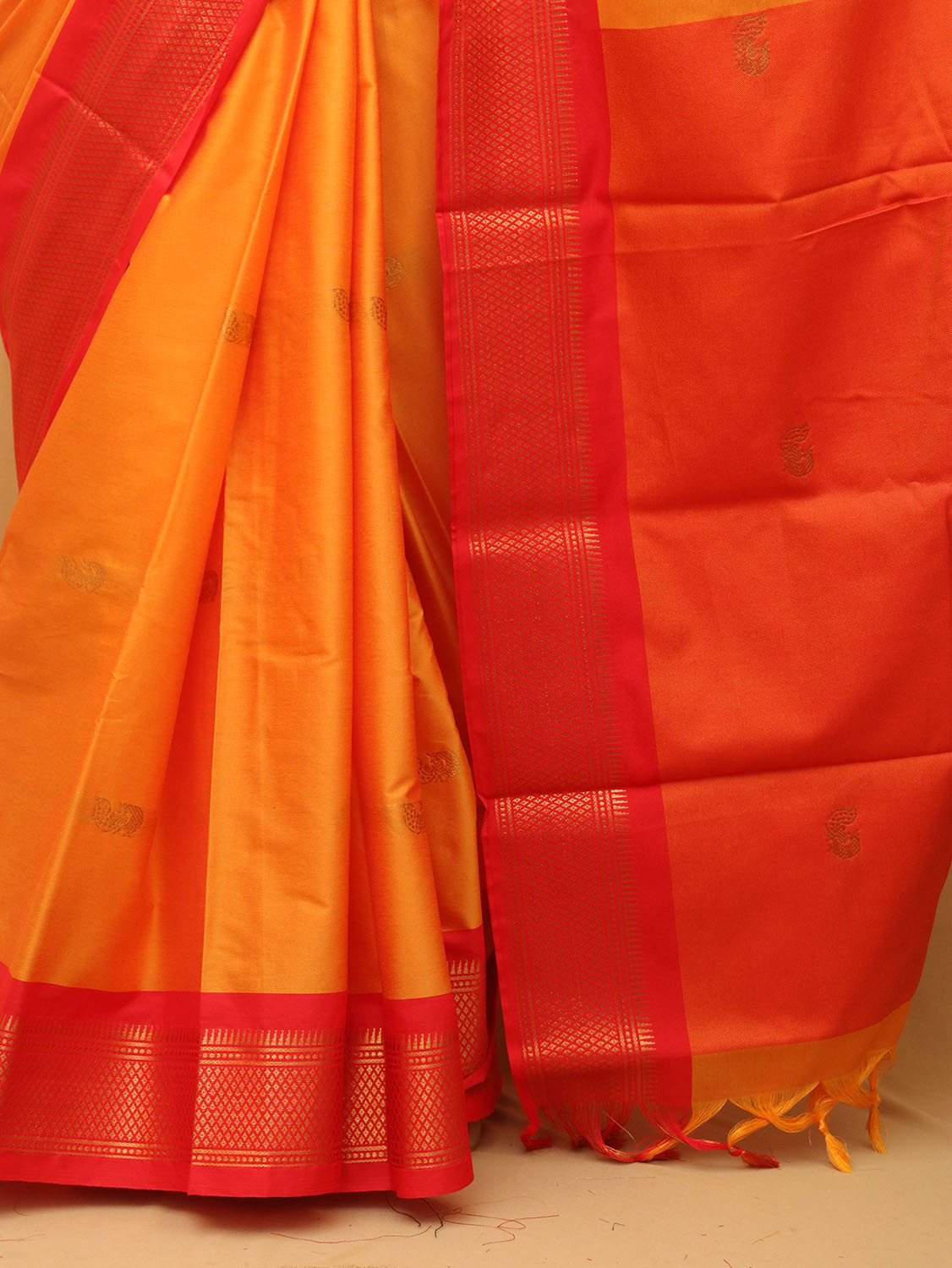 Orange And Red Paithani Cotton Silk Saree - divyaindia 