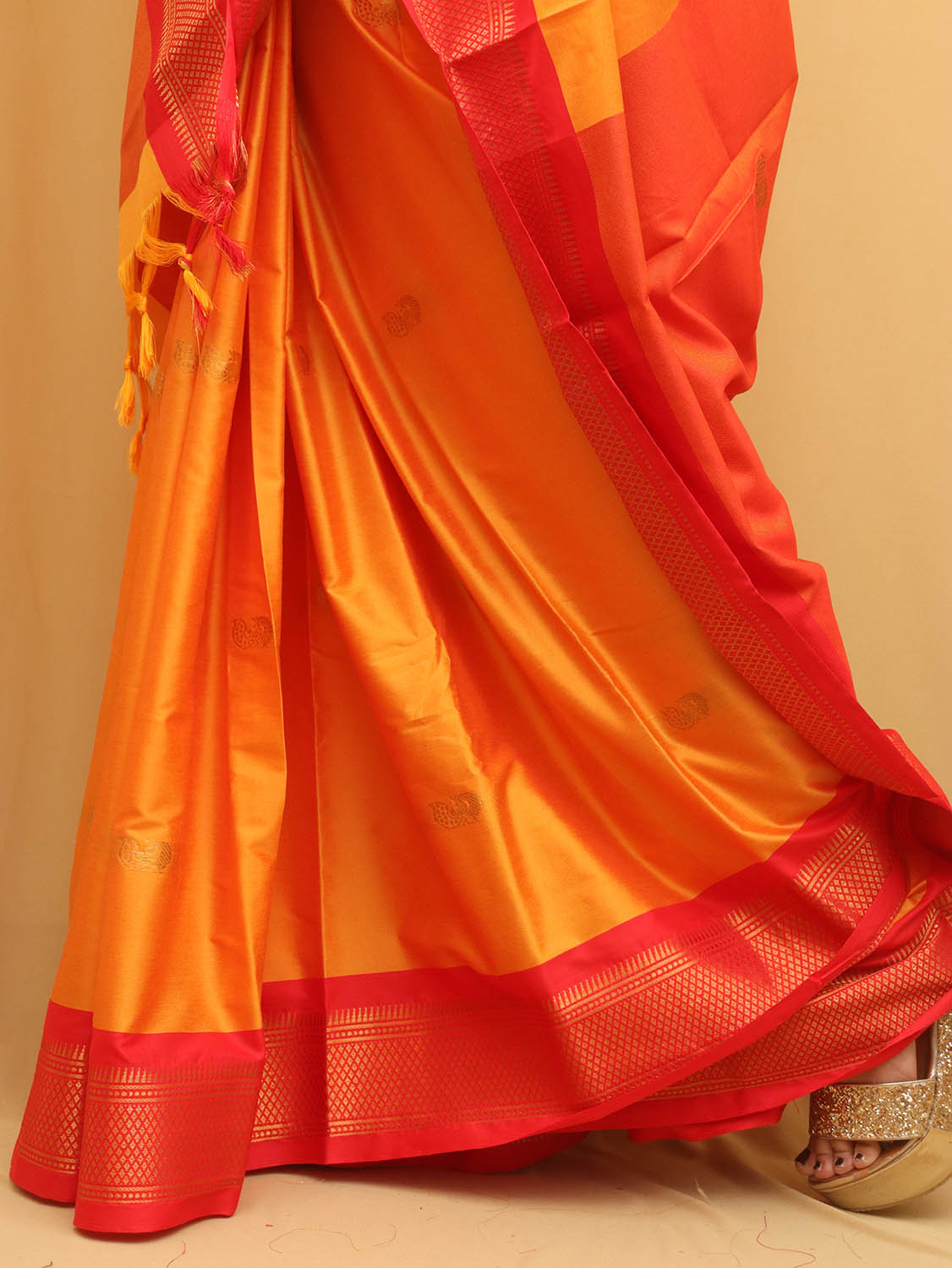 Orange And Red Paithani Cotton Silk Saree - divyaindia 