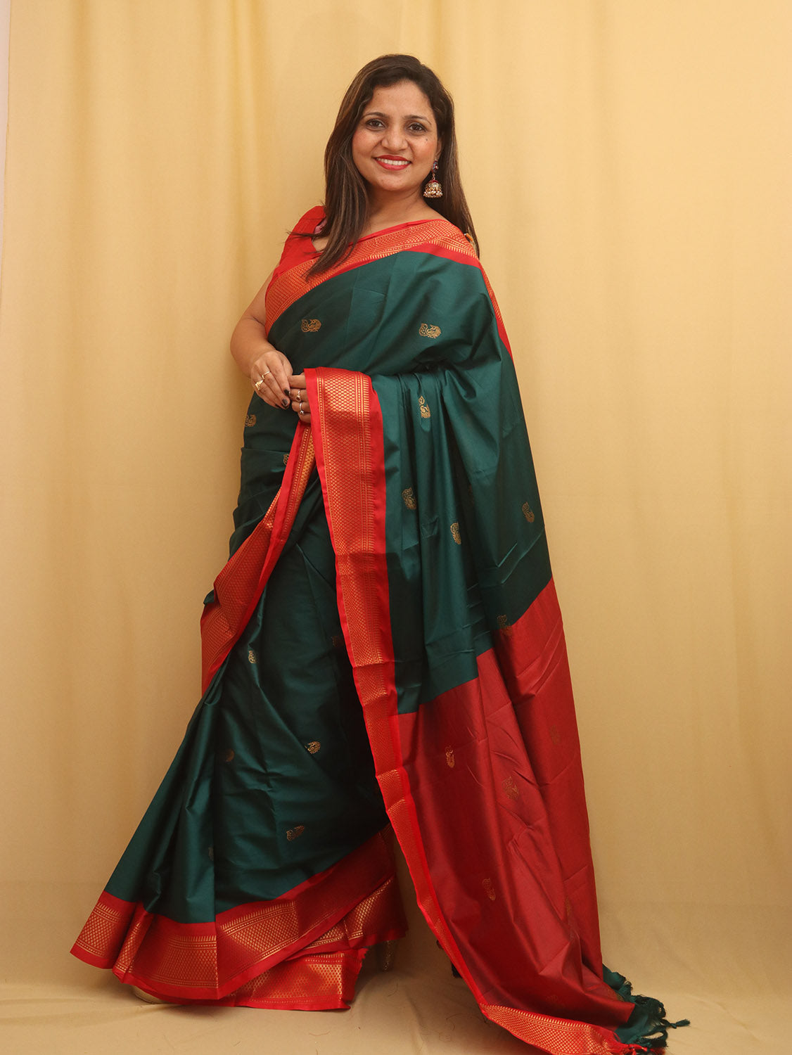 Green And Red Paithani Cotton Silk Saree - divyaindia 