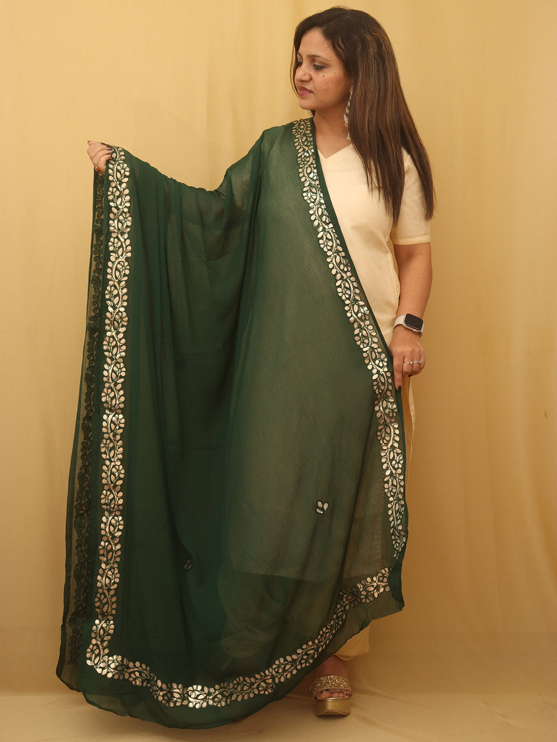 Green Gota Patti Work Chiffon Dupatta - divyaindia 