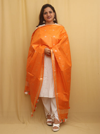 Orange Bhagalpur Handloom Linen Cotton Dupatta - divyaindia 