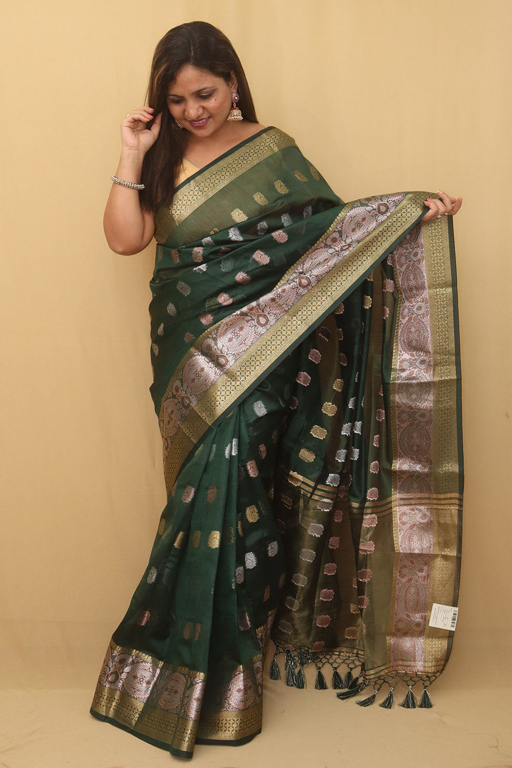 Green Banarasi Cotton Silk Saree - divyaindia 