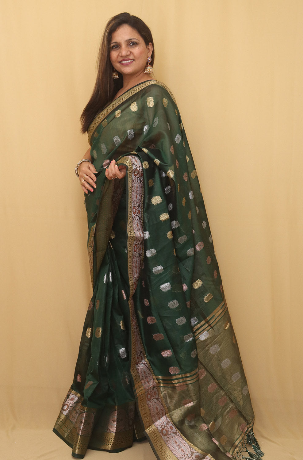 Green Banarasi Cotton Silk Saree - divyaindia 