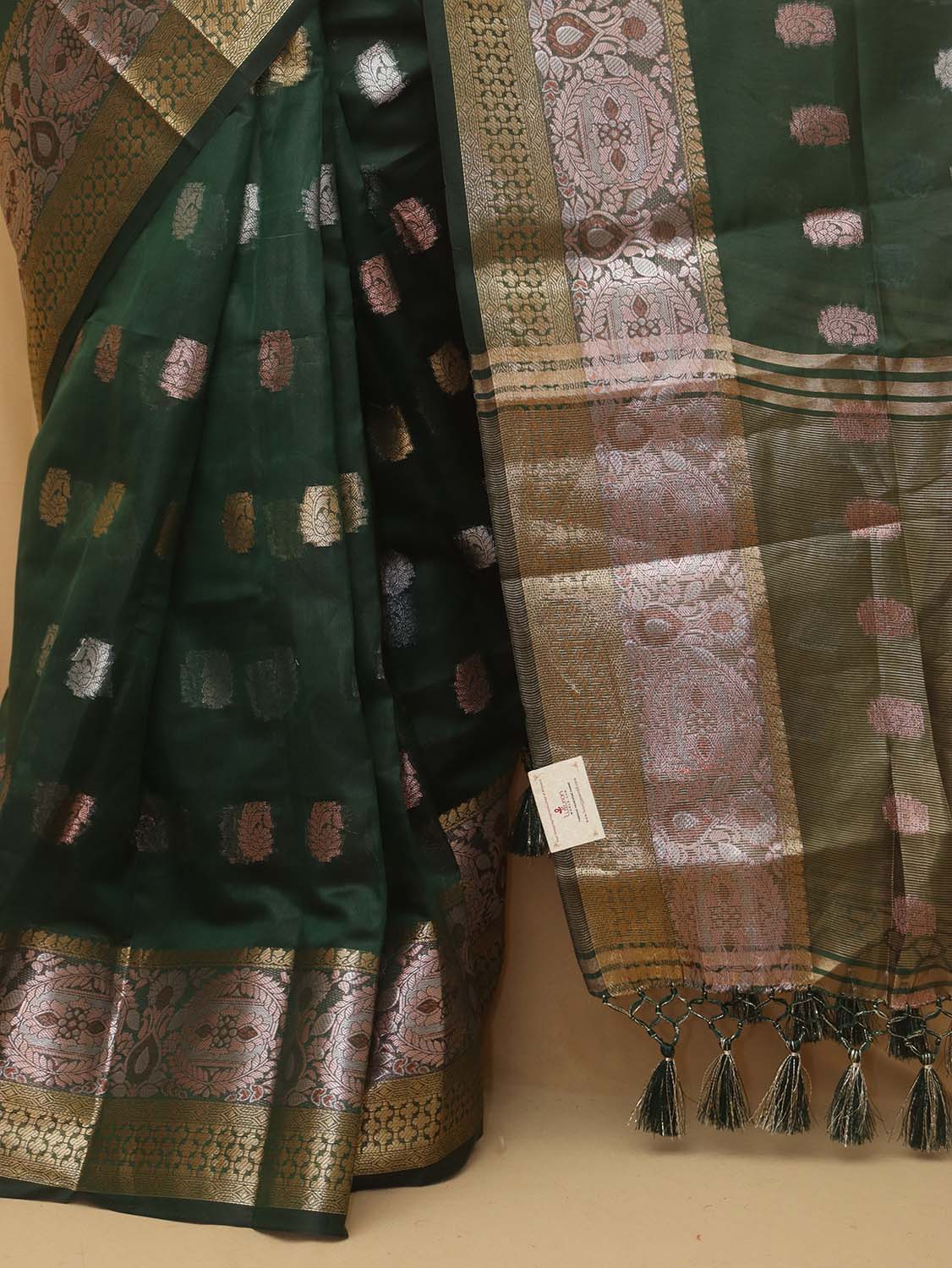 Green Banarasi Cotton Silk Saree - divyaindia 