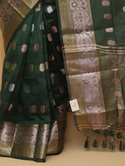 Green Banarasi Cotton Silk Saree - divyaindia 