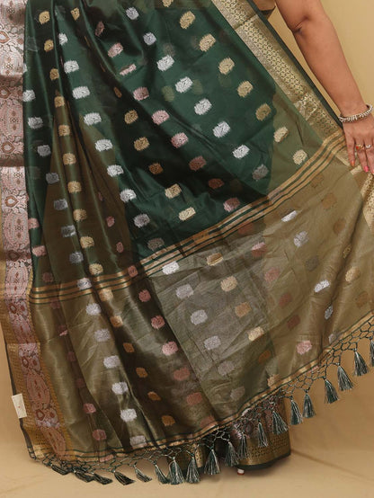 Green Banarasi Cotton Silk Saree - divyaindia 