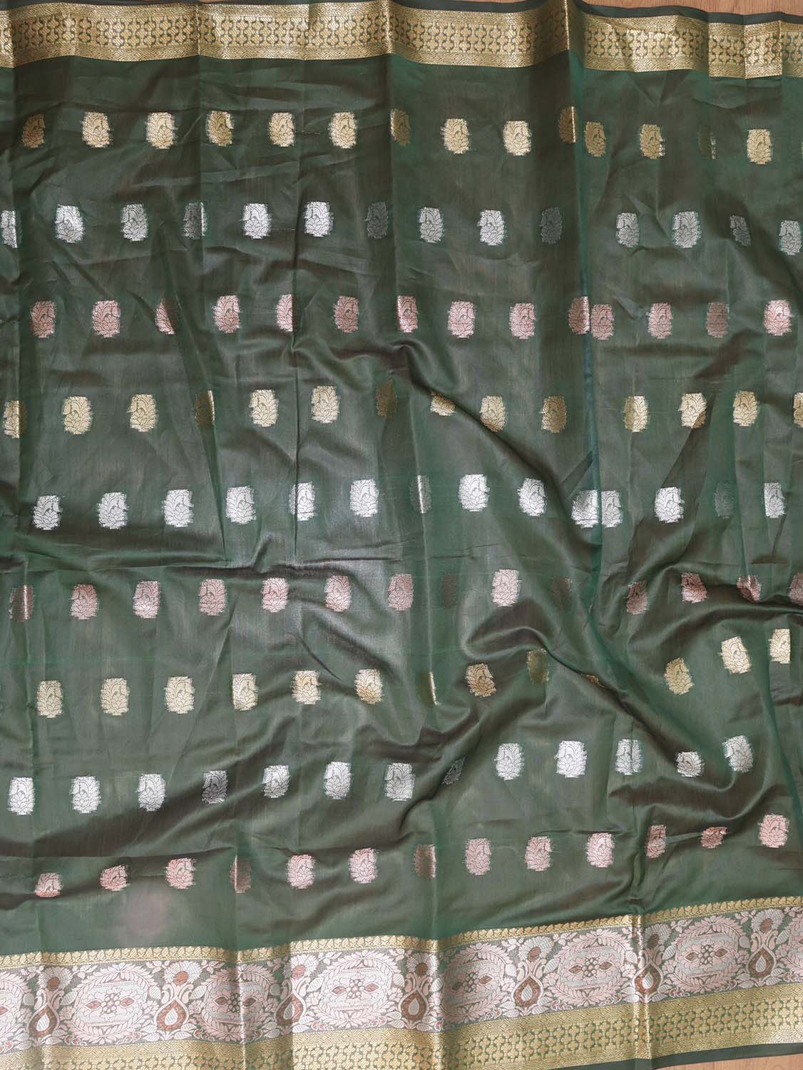Green Banarasi Cotton Silk Saree - divyaindia 