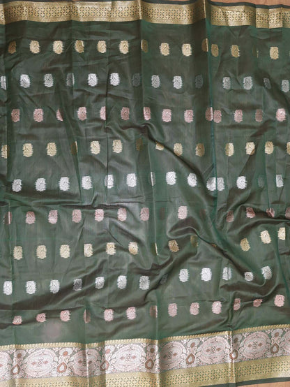 Green Banarasi Cotton Silk Saree - divyaindia 