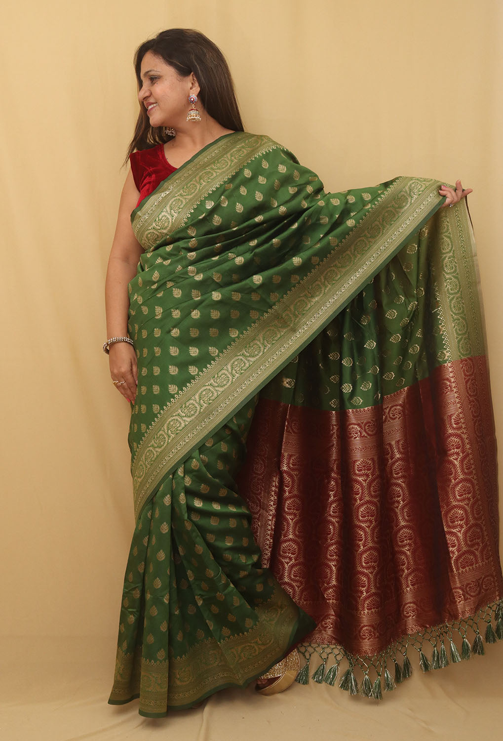Green Banarasi Cotton Silk Saree - divyaindia 
