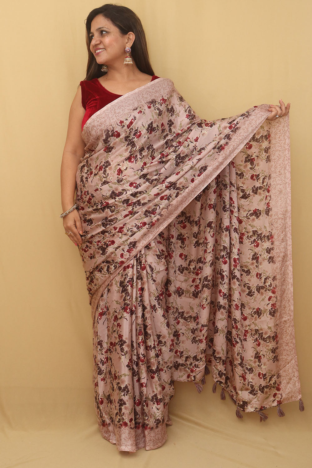 Pink Digital Printed Crepe Floral Design Saree