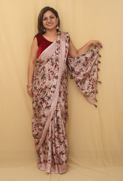 Pink Digital Printed Crepe Floral Design Saree