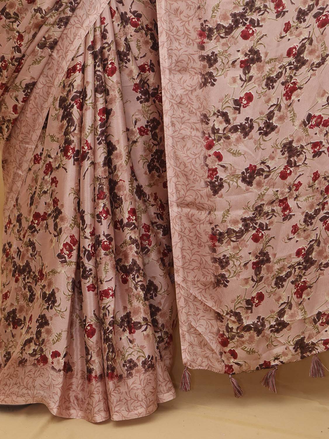 Pink Digital Printed Crepe Floral Design Saree