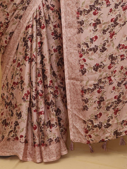 Pink Digital Printed Crepe Floral Design Saree