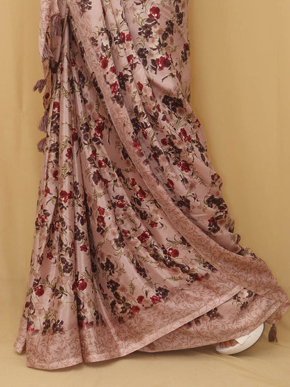 Pink Digital Printed Crepe Floral Design Saree