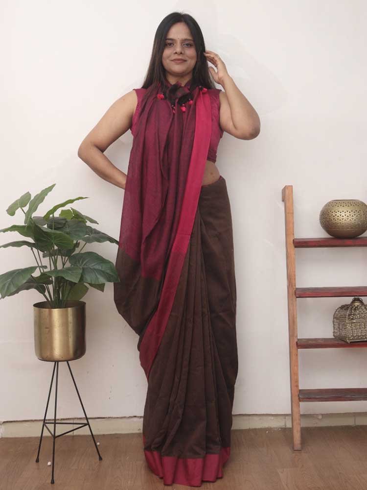 Brown Bengal Plain Cotton Saree with Contrast Border - divyaindia 