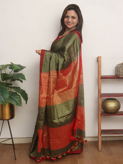 Green Bengal Plain Tissue Cotton Saree - divyaindia 