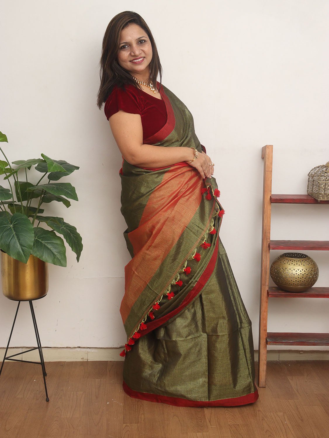 Green Bengal Plain Tissue Cotton Saree - divyaindia 