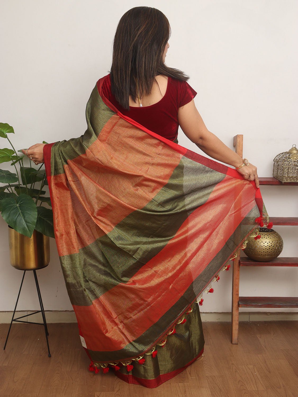 Green Bengal Plain Tissue Cotton Saree - divyaindia 