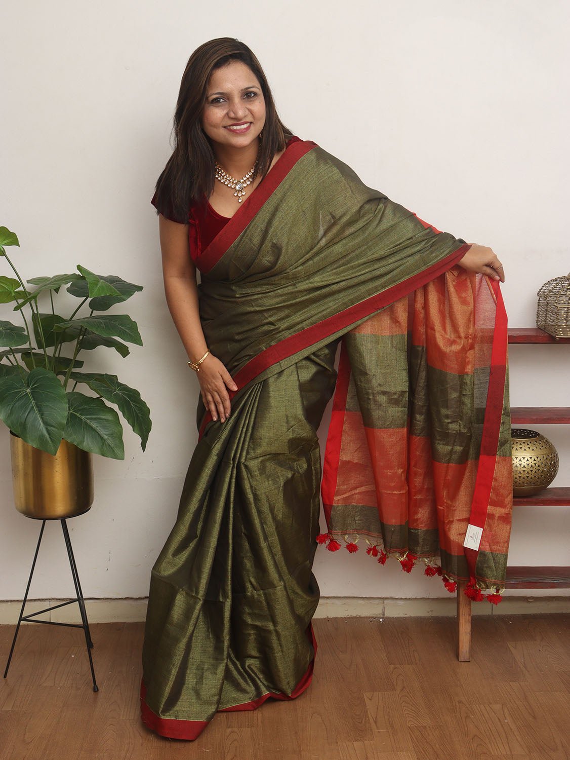 Green Bengal Plain Tissue Cotton Saree - divyaindia 