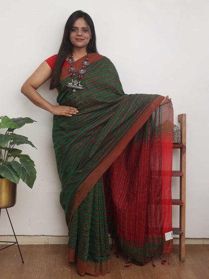 Green Handloom Bengal Cotton Saree - divyaindia 
