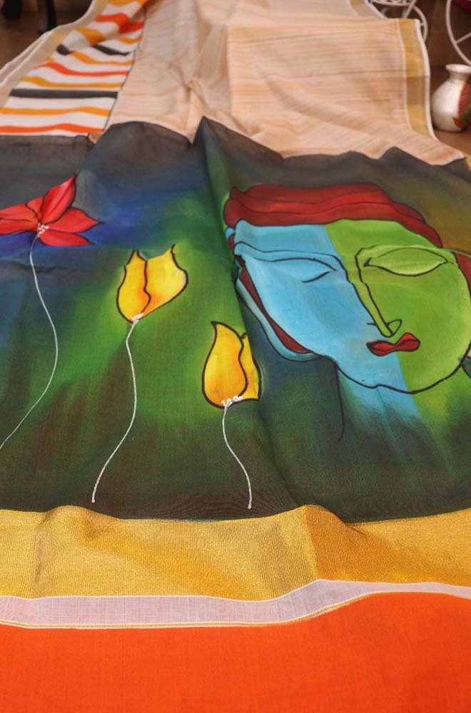Hand Painted Kerala Cotton Saree - Vibrant Multicolor Design