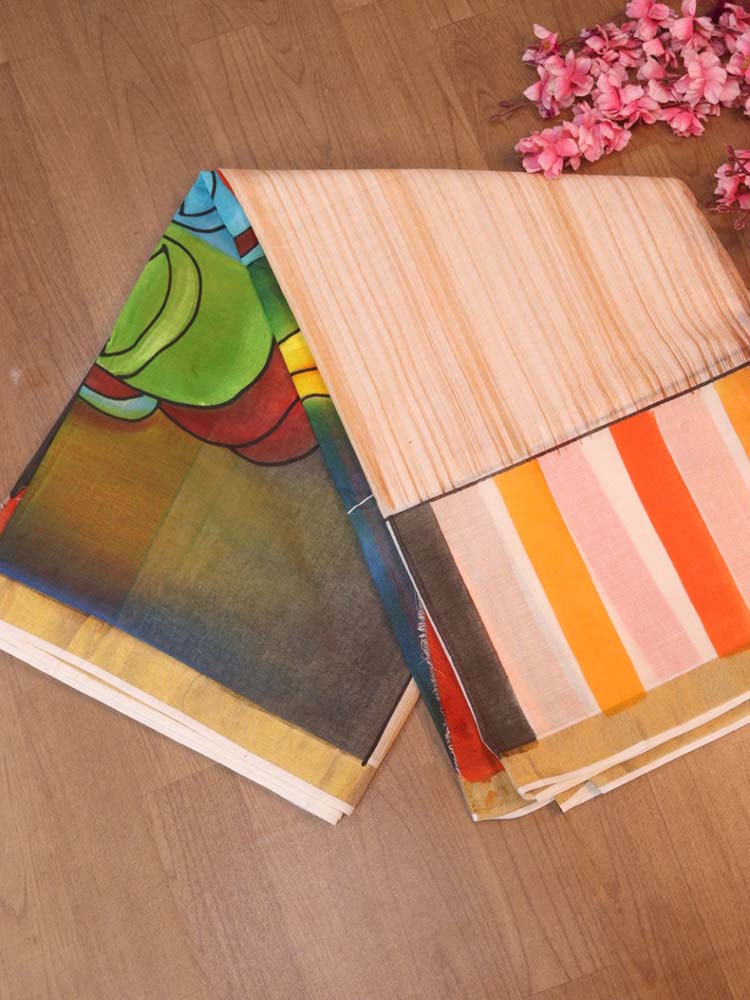 Hand Painted Kerala Cotton Saree - Vibrant Multicolor Design