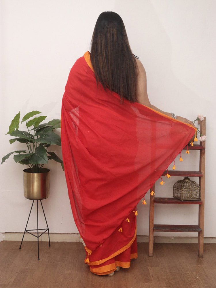 Red Bengal Plain Cotton Saree - divyaindia 