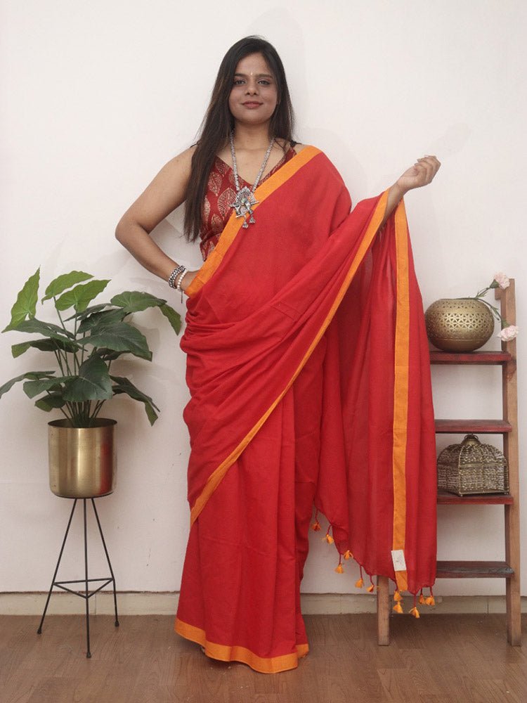 Red Bengal Plain Cotton Saree - divyaindia 