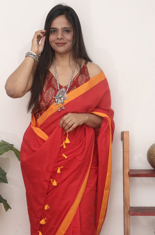 Red Bengal Plain Cotton Saree - divyaindia 