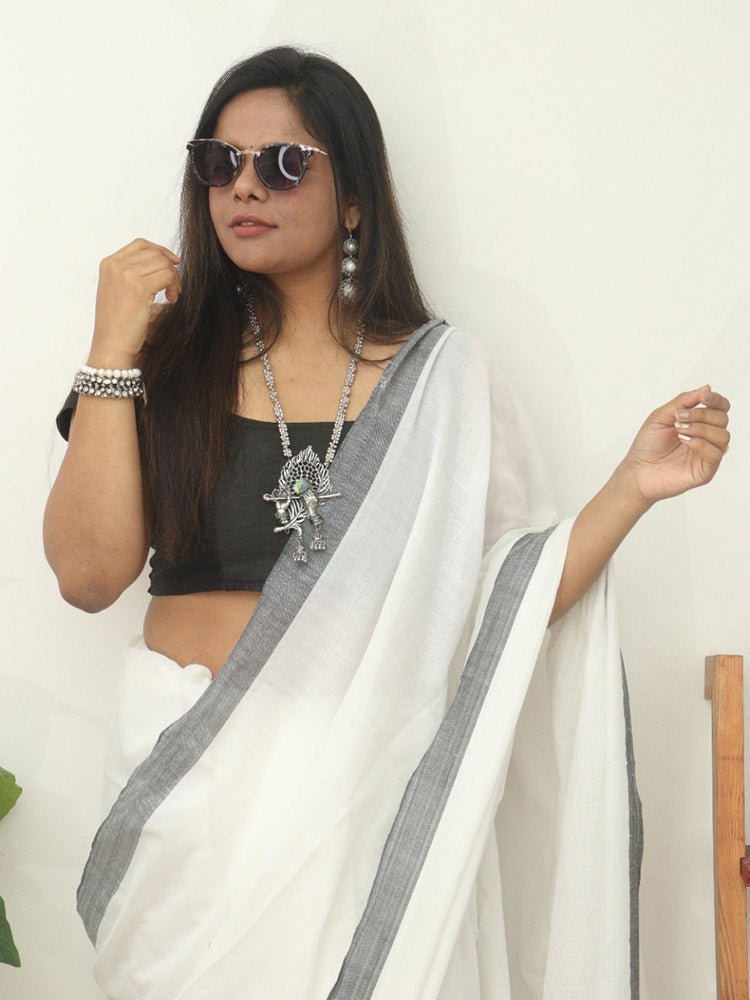 White Bengal Plain Cotton Saree - divyaindia 