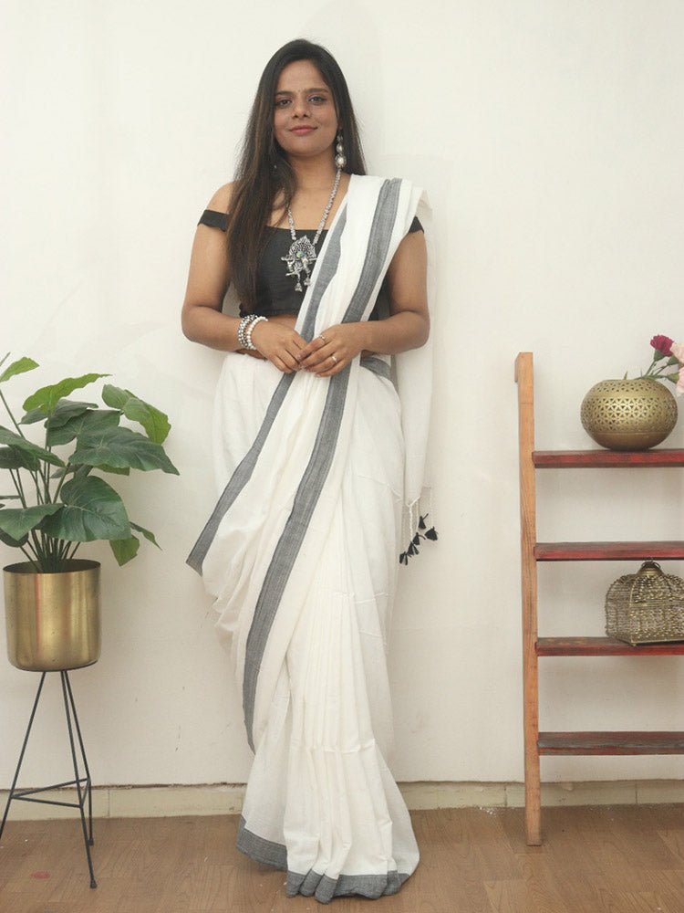 White Bengal Plain Cotton Saree - divyaindia 