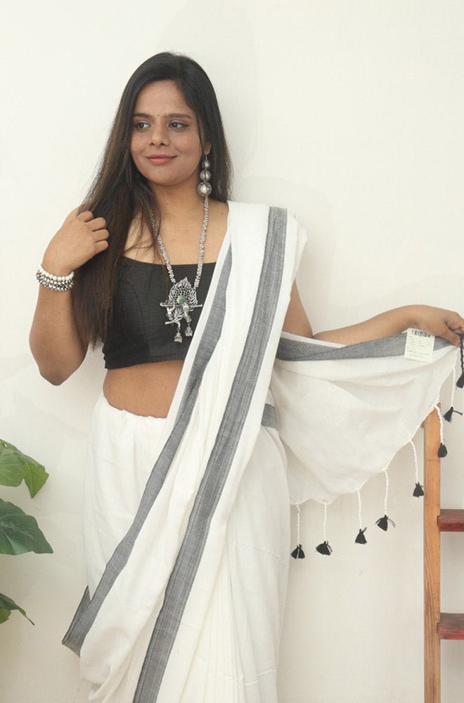 White Bengal Plain Cotton Saree - divyaindia 