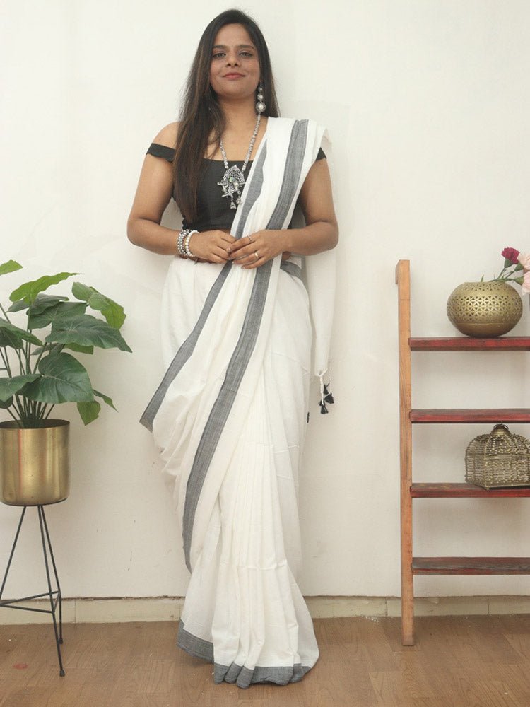 White Bengal Plain Cotton Saree - divyaindia 