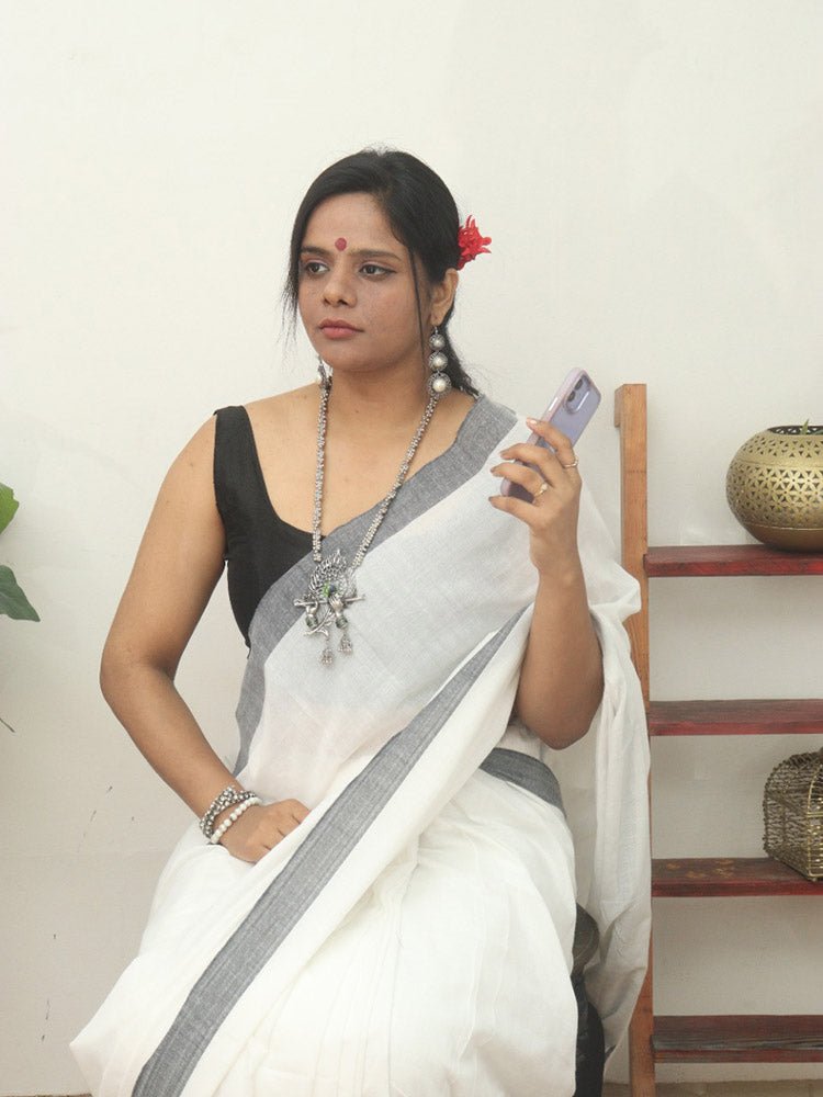 White Bengal Plain Cotton Saree - divyaindia 