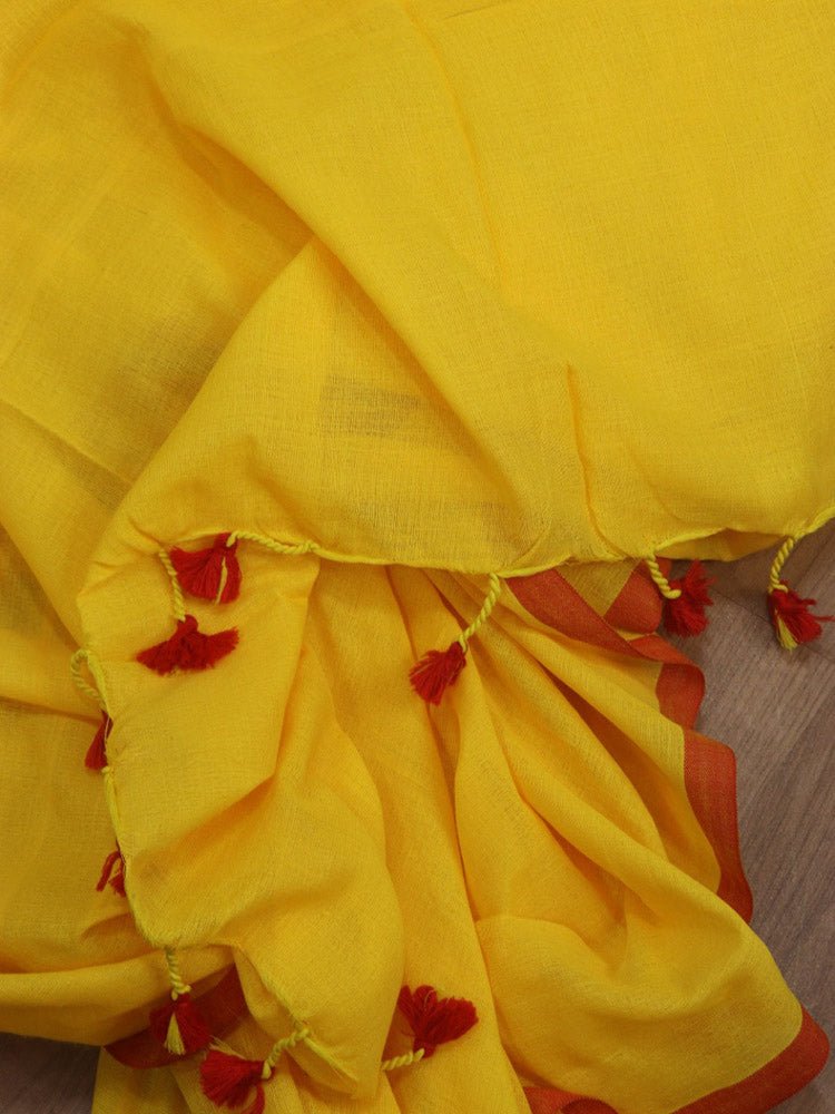 Yellow Bengal Plain Cotton Saree - divyaindia 